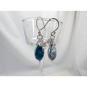 Blue and White Fresh Water Pearl Sterling Silver Earrings